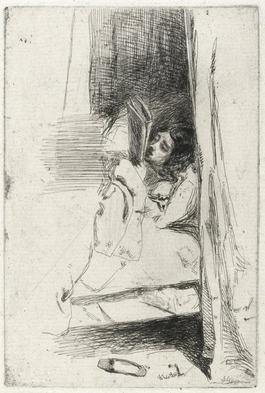 Leitura na cama (The Slipper) 1858 (tinta preta de carbono sobre papel antigo) de James Abbott McNeill Whistler
