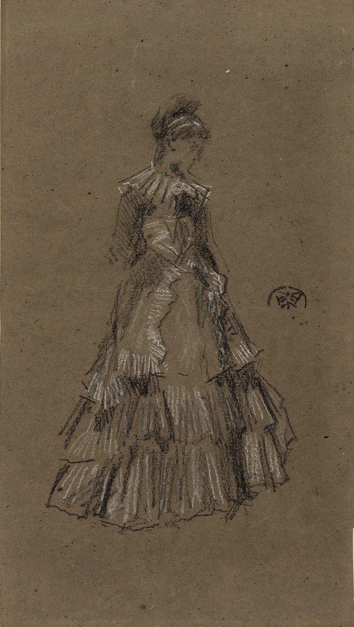 Mulher em pé em vestido babado, c.1873-75 (preto e branco giz em papel pardo) de James Abbott McNeill Whistler