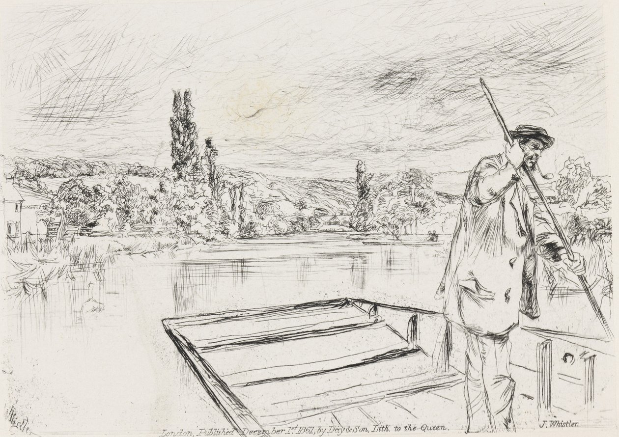 The Punt, 1861 (gravura, ponto de secagem, tinta preta de carbono, chine collé em papel de capa) de James Abbott McNeill Whistler