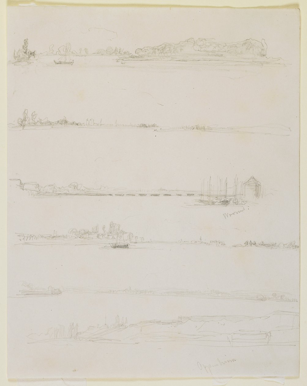 O Reno, perto de Worms e Oppeheim, 1858 (lápis em papel de seda branco) de James Abbott McNeill Whistler