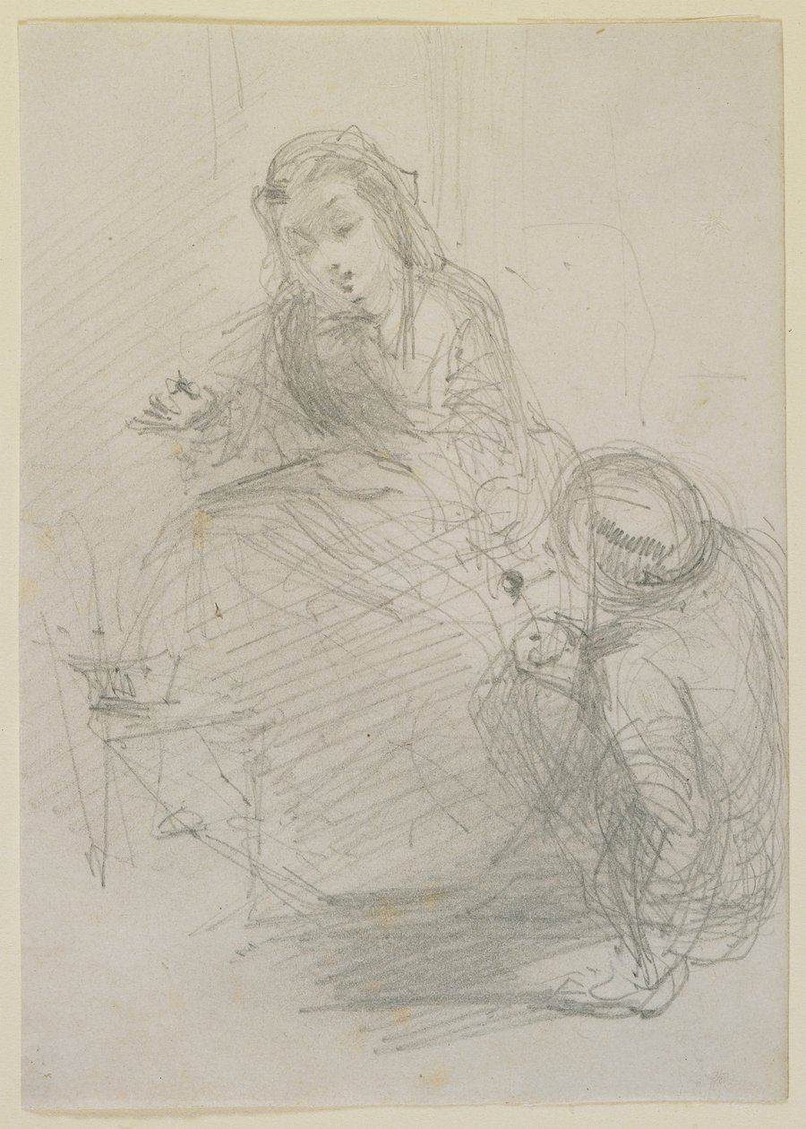 Duas figuras: uma menina sentada e um homem no chão à sua esquerda, c.1855-59 (lápis em papel branco) de James Abbott McNeill Whistler