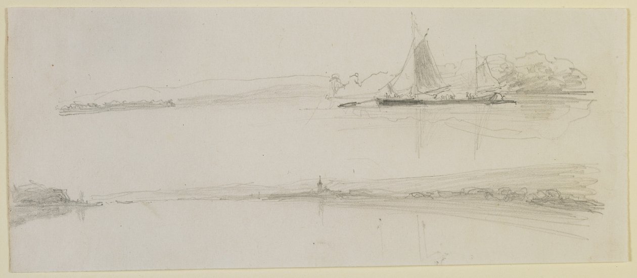 Duas cenas por um rio, 1858 (lápis em papel de seda branco) de James Abbott McNeill Whistler