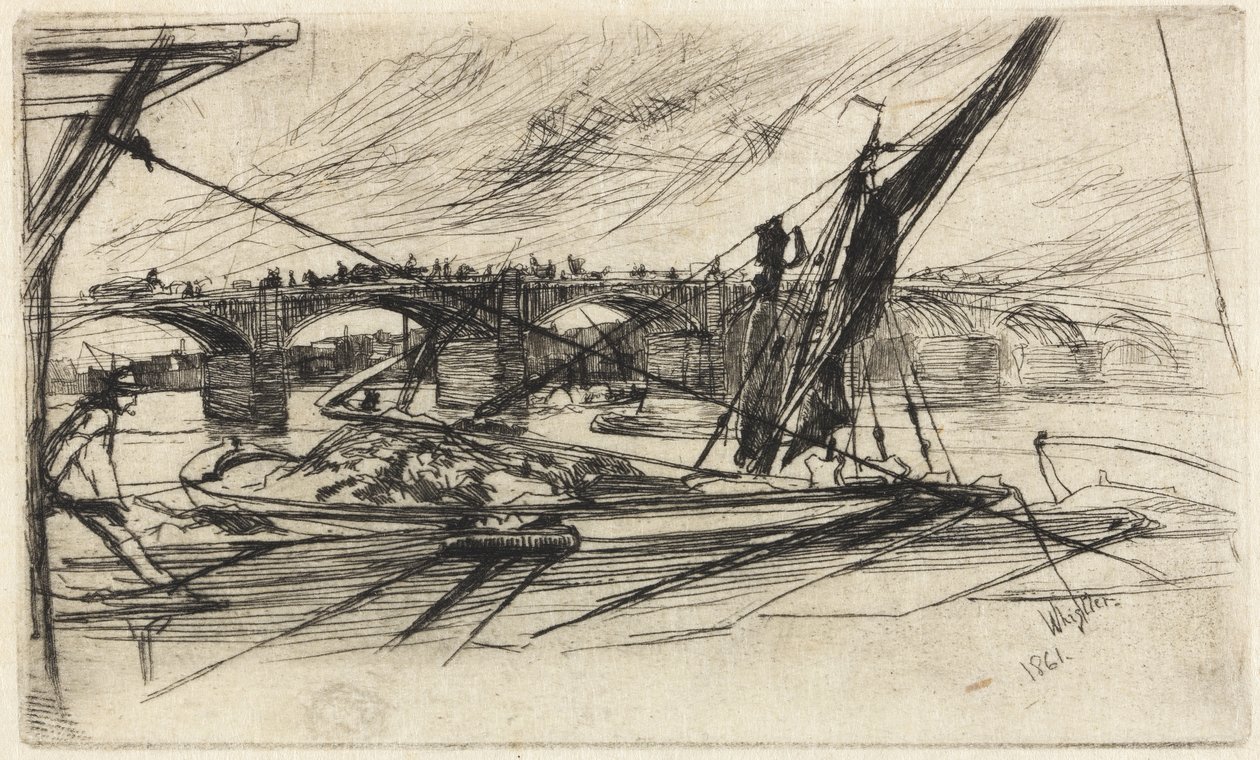 Ponte Vauxhall, 1861 (gravura, tinta preta de carbono no papel japonês) de James Abbott McNeill Whistler
