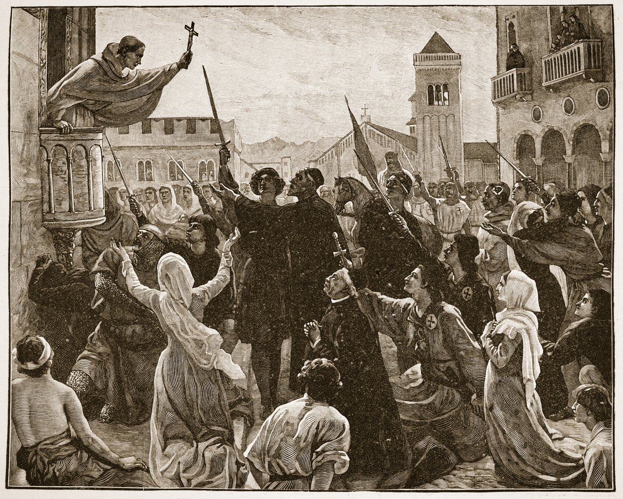 São Bernardo pregando a segunda cruzada, ilustração de "A Igreja da Inglaterra: Uma História para o Povo" por HDM Spence-Jones, pub. c.1910 (foto sépia) de James Archer
