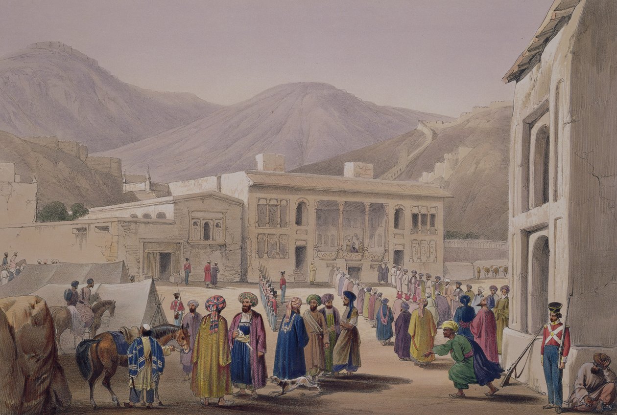 O Durbar-Khaneh de Shah Shoojah-Ool-Moolk, em Caubul, de "Sketches in Afghaunistan", gravado por Charles Haghe (1810-1888) e Louis Haghe (1806-1885), publicado por Henry Graves, 1842 de James Atkinson