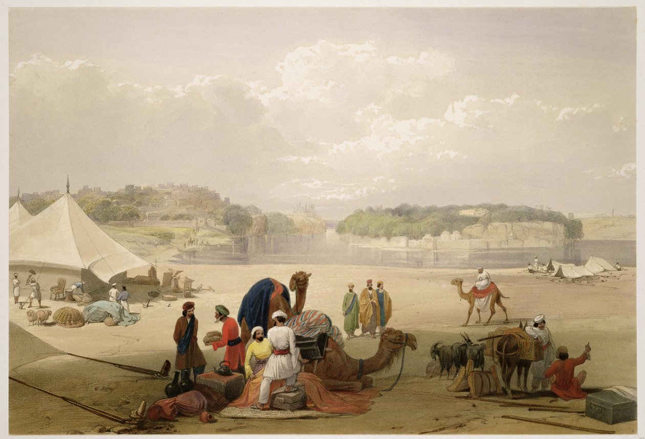 A cidade de Roree e a fortaleza de Bhukker, no Indo, de "Sketches in Afghaunistan", gravada por Charles Haghe (1810-1888) e Louis Haghe (1806-1885), publicada por Henry Graves, 1842 (colour li de James Atkinson