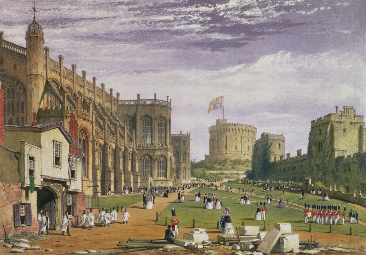 Lower Ward com vista para a Capela de São Jorge e a Torre Redonda, o Castelo de Windsor, 1838 de James Baker Pyne