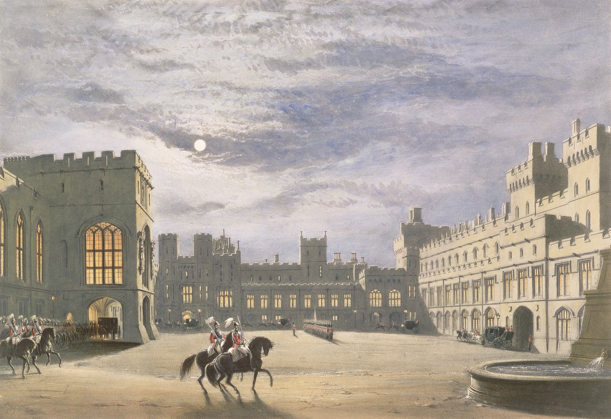 Estado chegada de um visitante real, o Quadrilátero ao luar, Castelo de Windsor, 1838 de James Baker Pyne