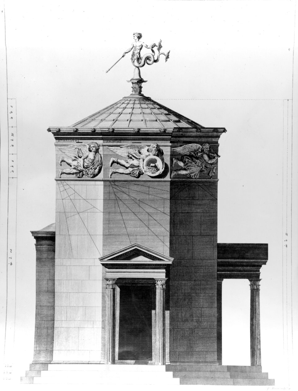 Uma reconstrução da Torre dos Ventos na ágora romana em Atenas, gravada em 1762 de James Basire