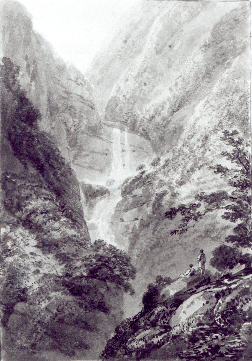 A Cascata de Minzapeezo, aquarela de Samuel Davies após uma gravura, c.1800 de James Basire