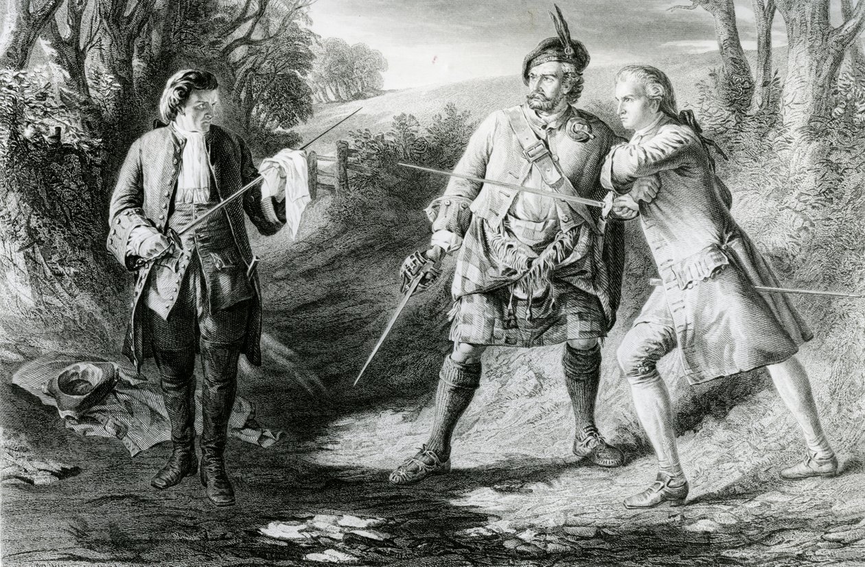 Rob Roy Parting Duellists Rashleigh e Francis Osbaldistone, gravados por John Le Conte (fl.1850-86) 1867 de James Blake McDonald