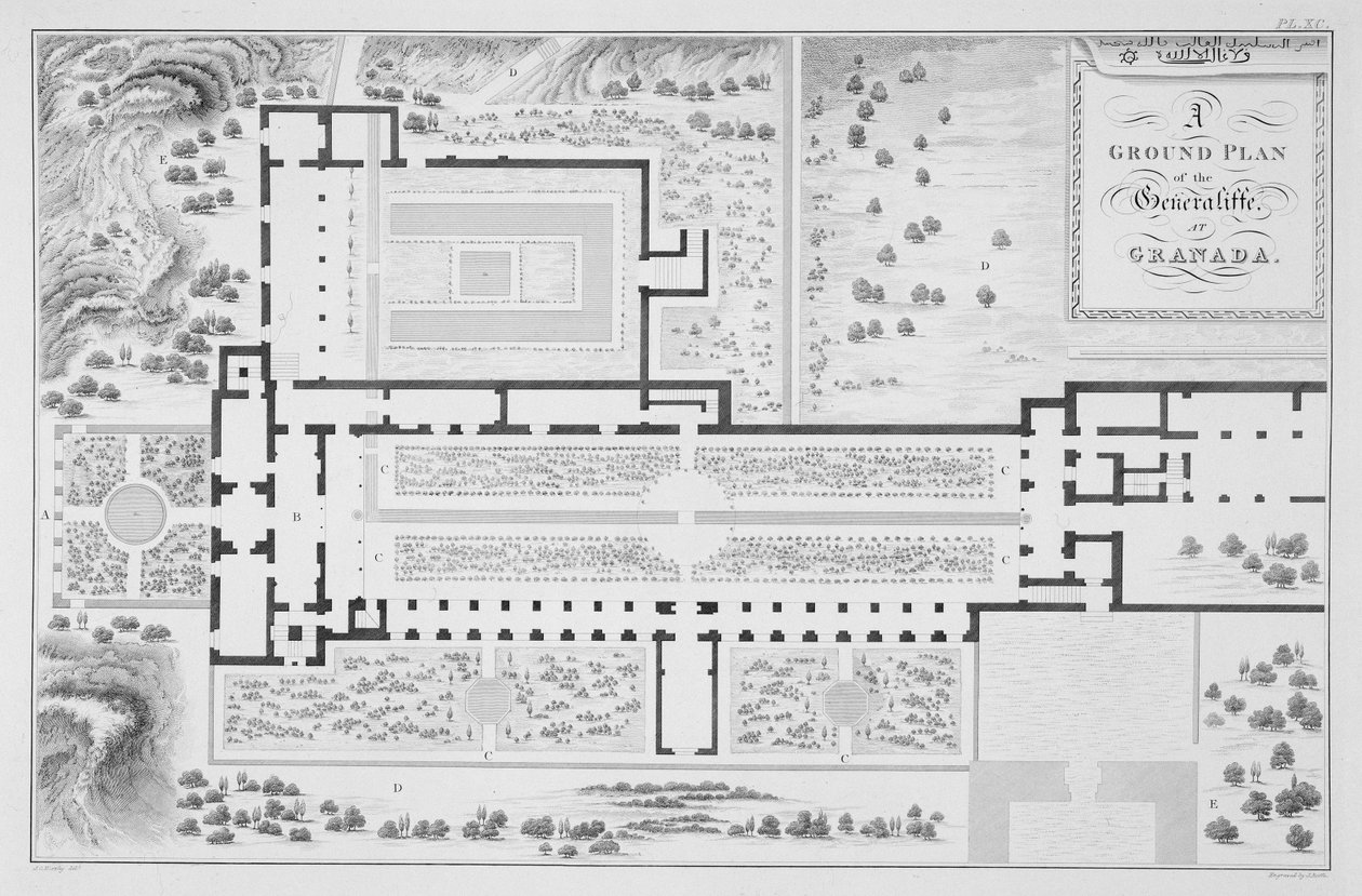 Planta baixa dos jardins do Generalife, Granada, de "As Antiguidades Árabes da Espanha", gravada por John Roffe (1769-1850), publicada em 1815 de James Cavanagh Murphy