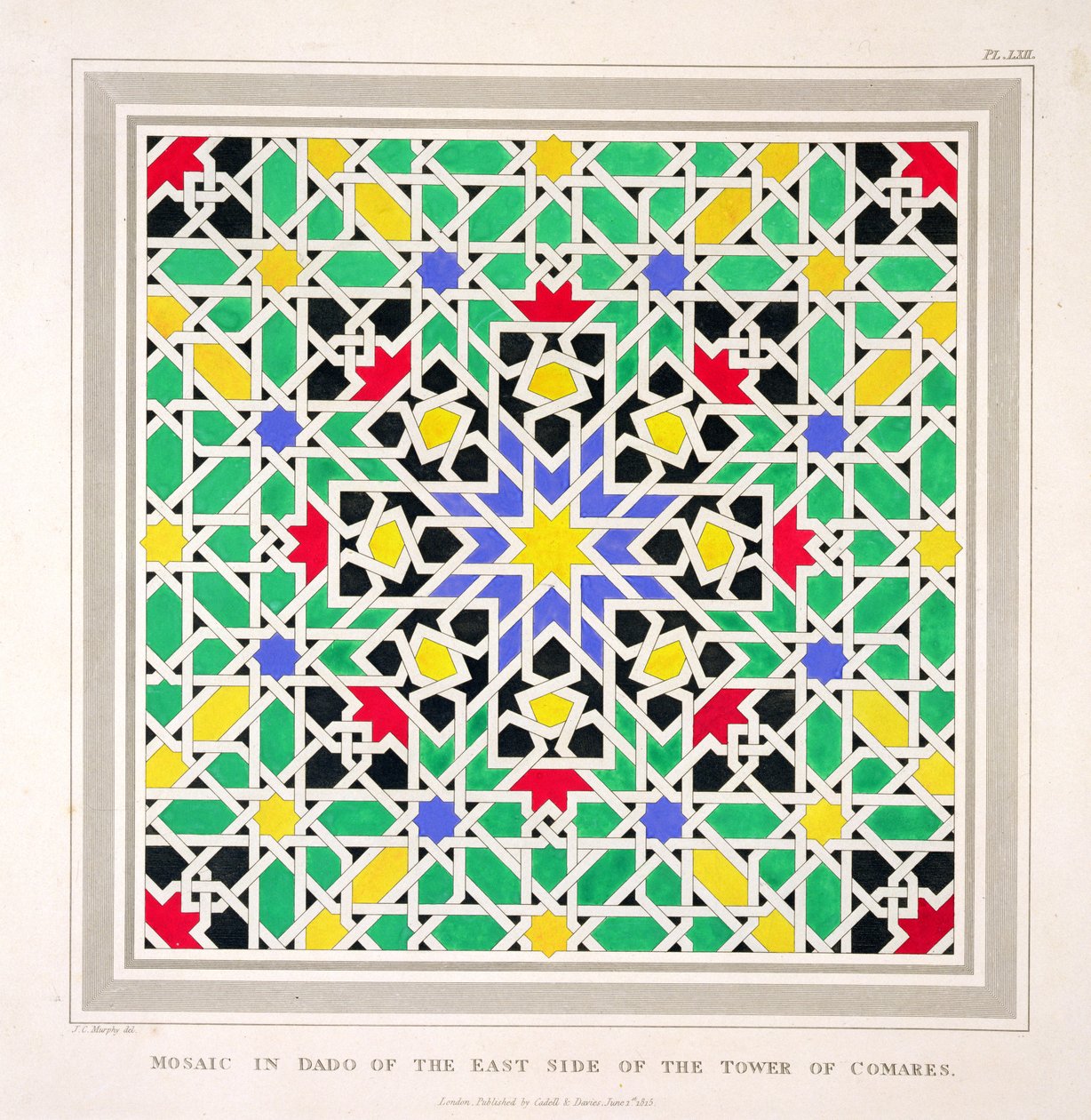 Mosaico no dado do lado leste da Torre de Comares, Alhambra, de &39;As Antiguidades Árabes da Espanha&39;, publicado em 1815 de James Cavanagh Murphy