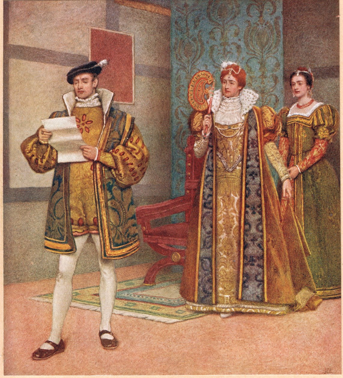 "Há alguns conteúdos sagazes no mesmo jornal", ilustração de "The Merchant of Venice", c.1910 de James Dromgole Linton