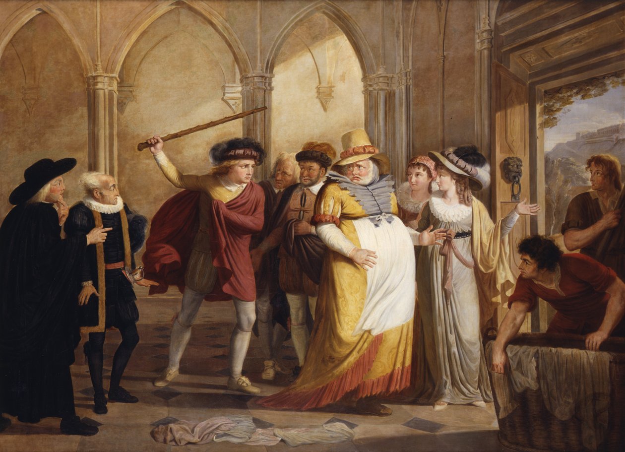 Falstaff disfarçado conduzido por Mrs Page, Act 4 Scene 2, em The Merry Wives of Windsor, por William Shakespeare (1564-1616) c.1805 de James Durno