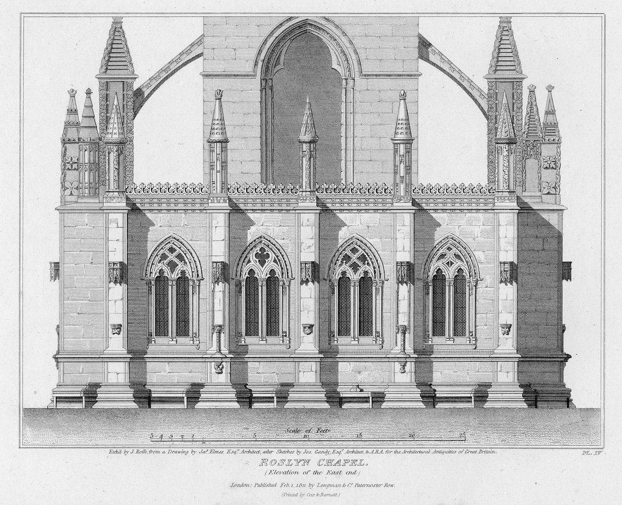 Roslyn Chapel, elevação do extremo leste, gravada por J. Roffe, 1811 de James Elmes