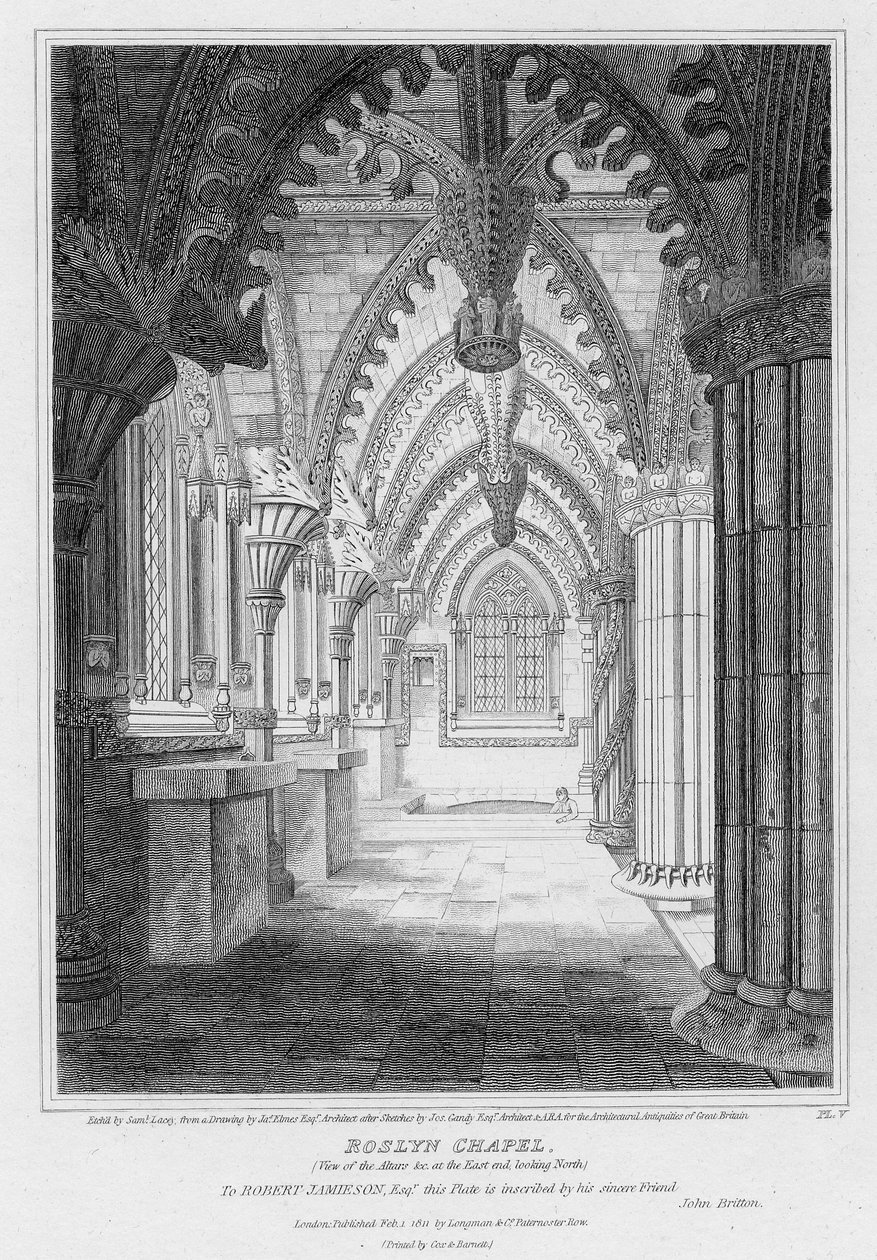 Roslyn Chapel, vista dos altares no extremo leste, olhando para o norte, gravada por Samuel Lacey, 1811 de James Elmes