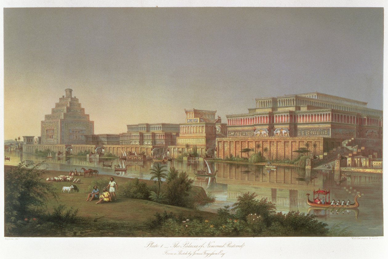 Os Palácios de Nimrud Restaurados, uma reconstrução dos palácios construídos por Assurbanipal nas margens do Tigre, de Descobertas nas Ruínas de Nínive e Babilônia por Austen Henry Layard (1817-94) de James Fergusson