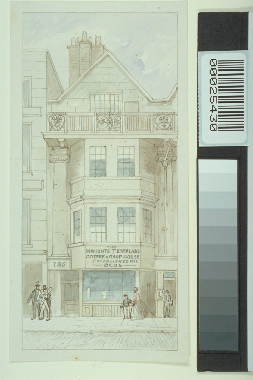 Vista do não. 185 Fleet Street, com figuras passando pelos Cavaleiros Templários Coffee and Chop House, c.1820 de James Findlay