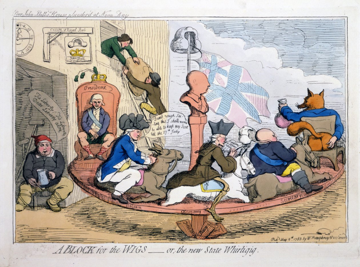 Um bloco para as perucas ou o novo estado Whirligig, pub. 1783 (gravura colorida à mão) de James Gillray