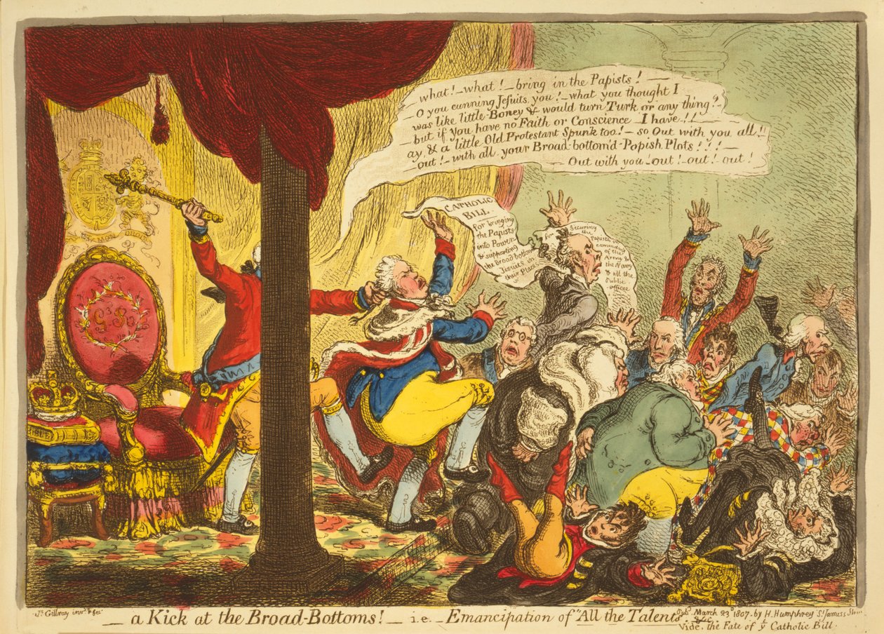 Um chute no Broad Bottoms, ou seja, Emancipação de todos os talentos, pub. 1807 (gravura colorida à mão) de James Gillray