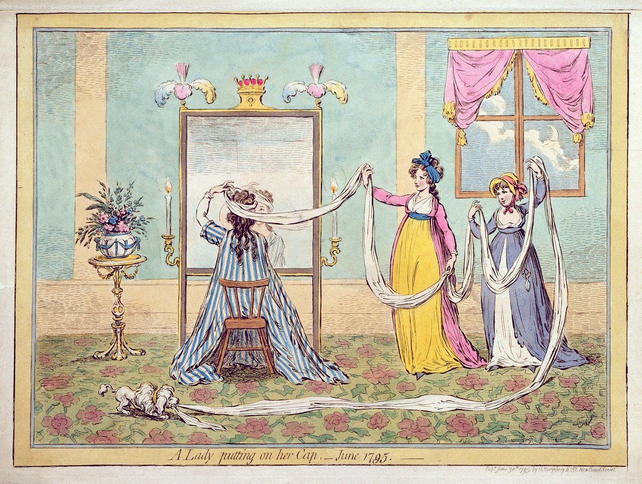 Uma senhora colocando seu boné, publicado em 1795 (gravura colorida à mão) de James Gillray