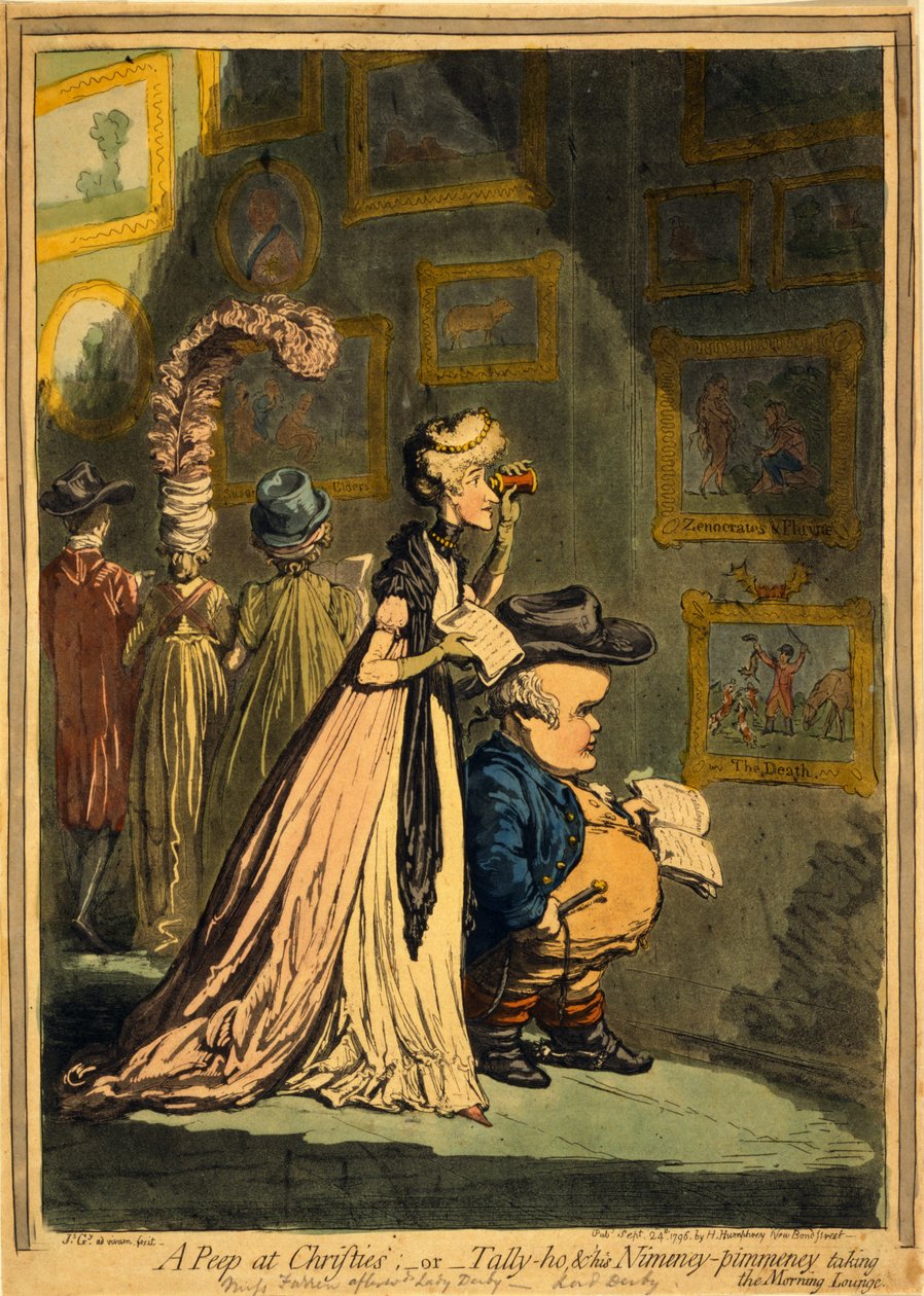 Uma espreitadela em Christies, ou Tally-ho e seu Nimeney-Pimmeney, no Morning Lounge, pub. 1796 (gravura colorida à mão) de James Gillray