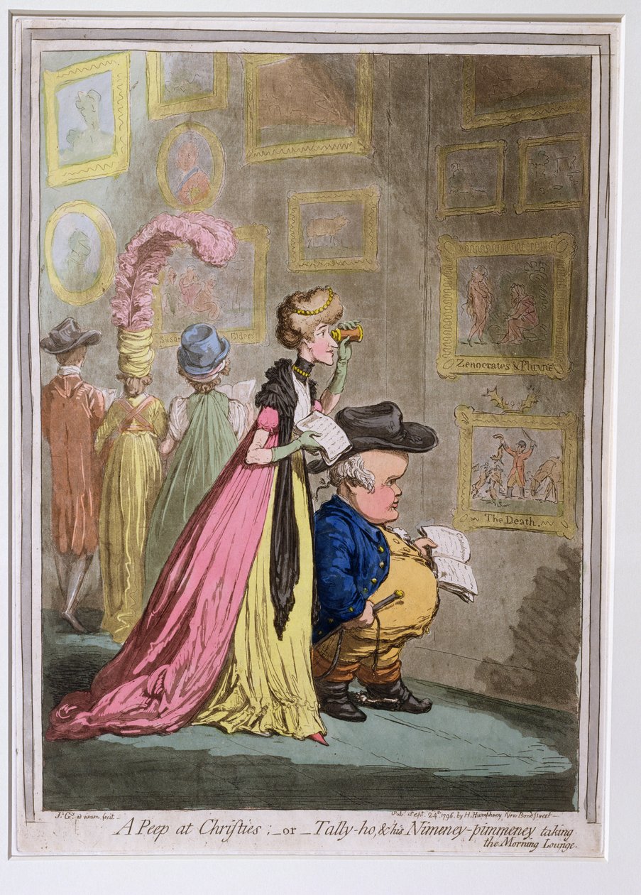 Um Peep at Christies, ou Tally-ho, e seu Nimeney-pimmeney Tomando o Morning Lounge, publicado por Hannah Humphrey em 1796 (gravura, gravura, aquatinta e wc no papel) de James Gillray