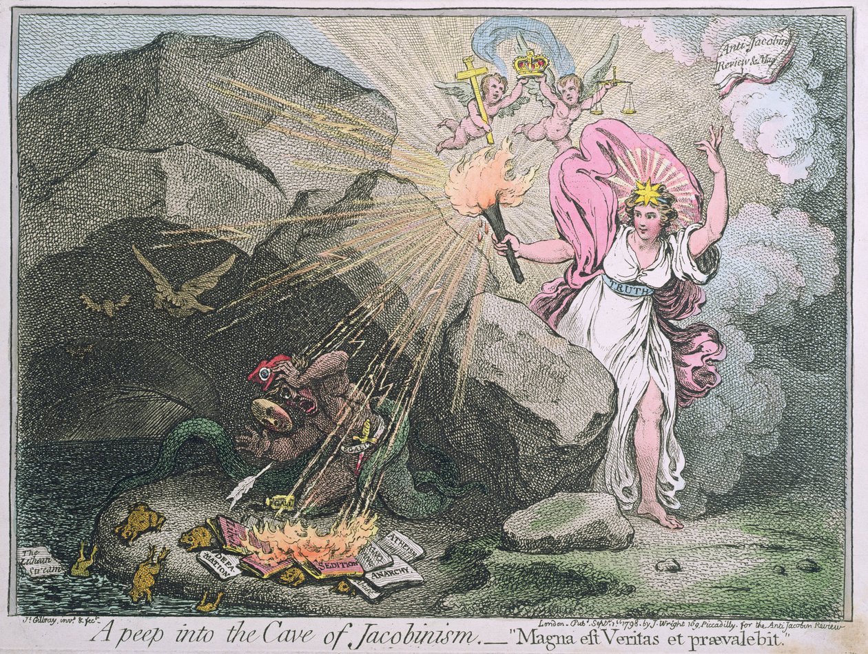 Uma espiada na caverna do jacobinismo, ou Magna est Veritas et praevalebit, publicado por Hannah Humphrey em 1798 (gravura colorida à mão) de James Gillray