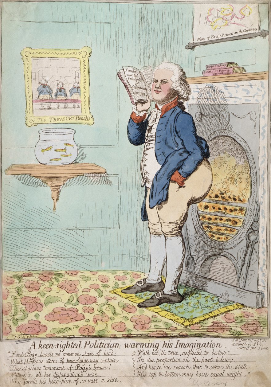 Um Político aguerrido aquecendo sua imaginação, publicado por Hannah Humphrey em 1795 (gravura à mão colorida) de James Gillray