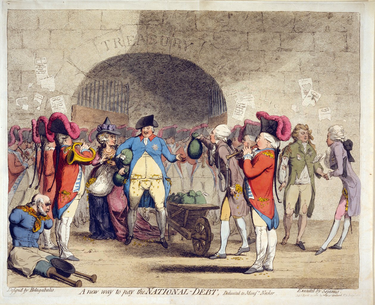 Uma nova maneira de pagar a dívida nacional, pub. 21 de abril de 1786 (gravura colorida à mão) de James Gillray