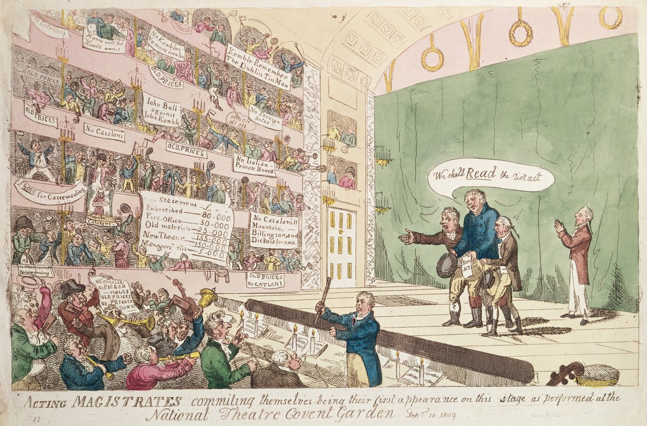 Magistrados em exercício comprometendo-se, sendo a sua primeira aparição como realizada no National Theatre Covent Garden, Londres, 1809 (gravura a cores) de James Gillray