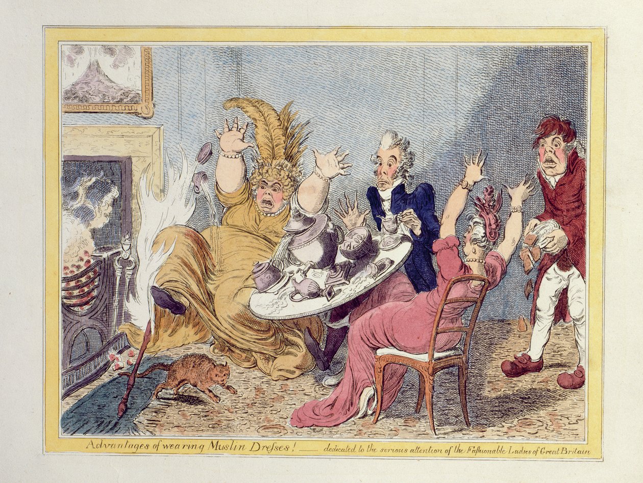 Vantagens de usar vestidos de musselina! Dedicado à atenção séria das senhoras elegantes da Grã-Bretanha, pub. por John Miller e W. Blackwood de James Gillray
