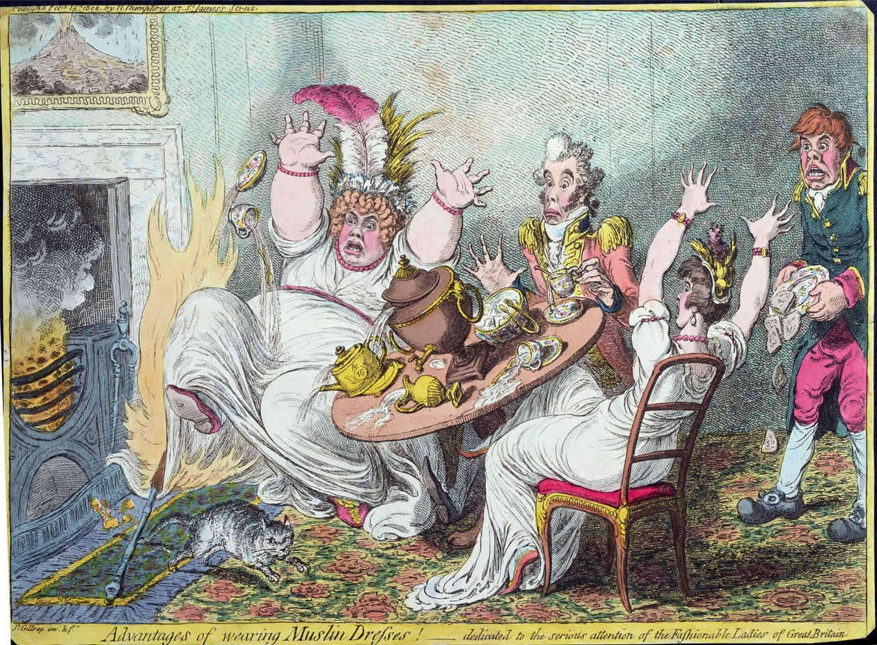Vantagens de usar vestidos de musselina! dedicado à atenção séria das senhoras da moda da Grã-Bretanha, publicado por Hannah Humphrey, 1802 (gravura à mão) de James Gillray