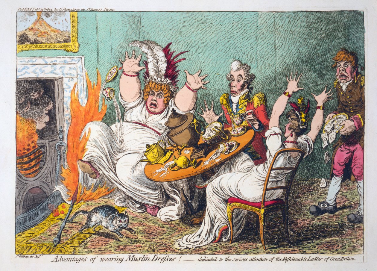 Vantagens de usar vestidos de musselina! dedicado à atenção séria das senhoras da moda da Grã-Bretanha, pub. 1802 (gravura colorida à mão) de James Gillray