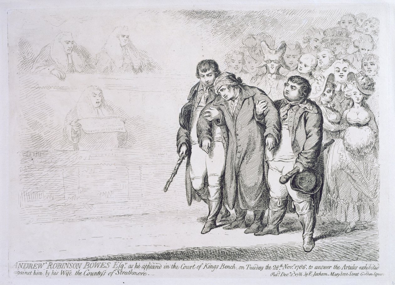 Andrew Robinson Bowes Esq. como ele apareceu no Tribunal do Banco do Rei na terça-feira 28 de novembro de 1786, para responder os artigos exibidos contra ele por sua esposa, a condessa de Strathmore, publicado de James Gillray