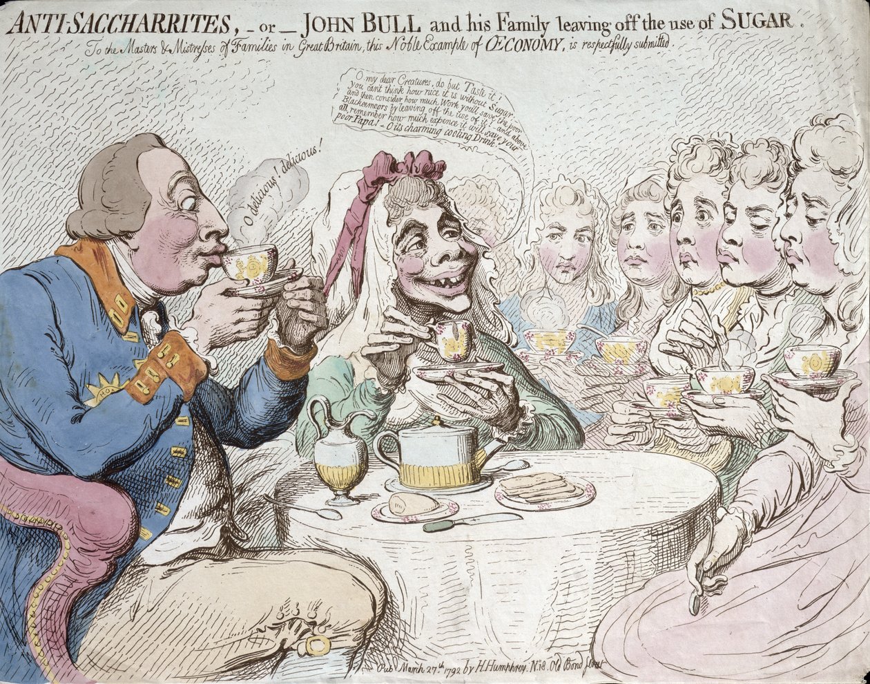 Anti-Saccharites, ou John Bull e sua família, deixando de fora o uso de Sugar, publicado por Hannah Humphrey em 1792 (gravura à mão colorida) de James Gillray