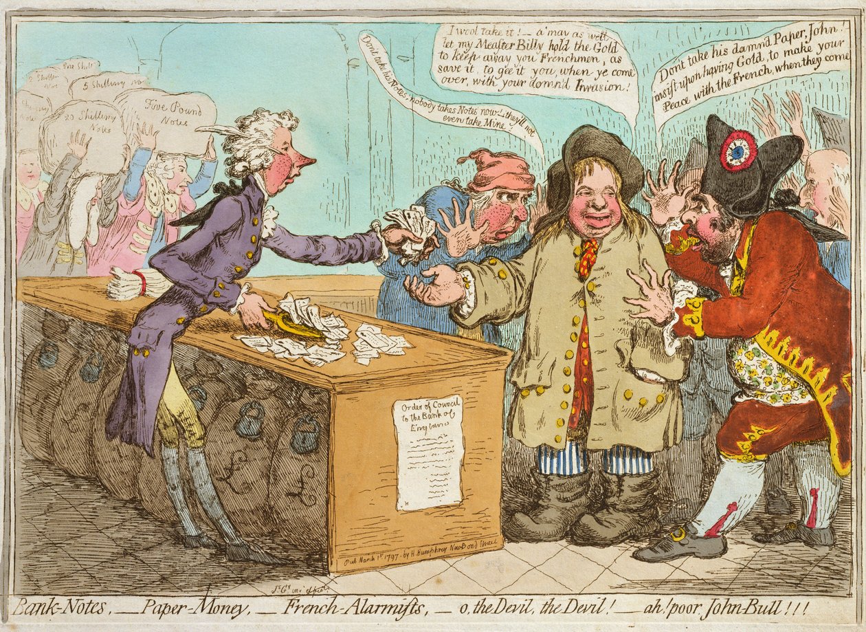 Notas de banco - papel moeda - alarmistas franceses - ah! pobre John Bull! publicado por Hannah Humphrey em 1797 (gravura à mão colorida) de James Gillray