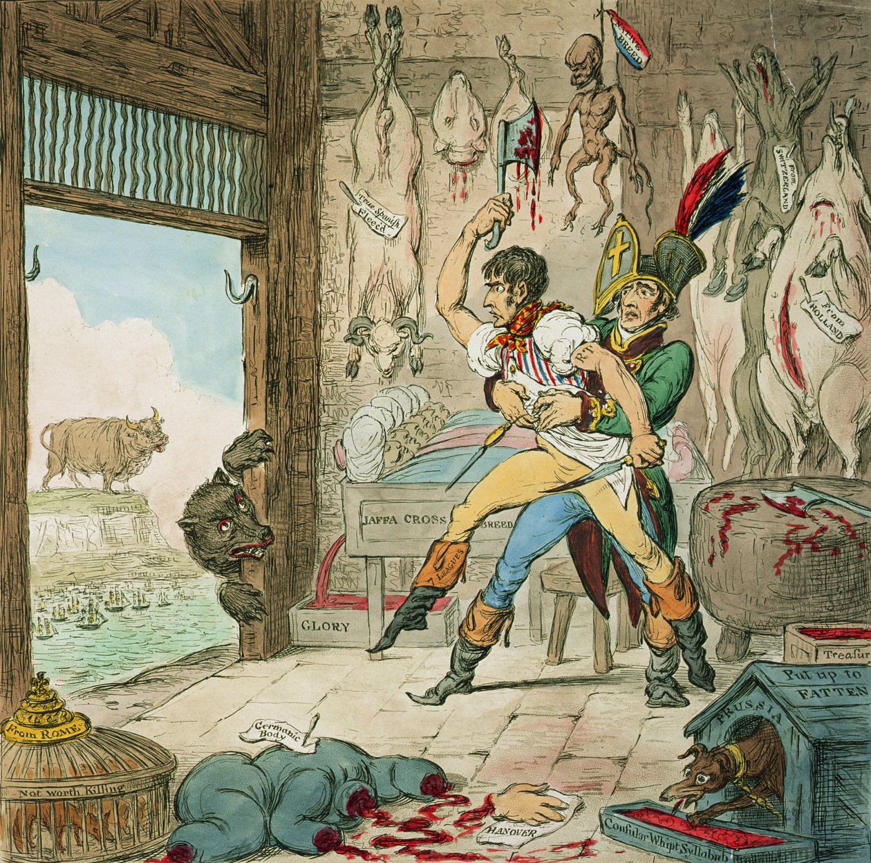 Boney e Talley, O Carcassa da Córsega - Dia de Contagem do Butcher, publicado por Hannah Humphrey, 1803 (ilustração que acompanha 253714) de James Gillray