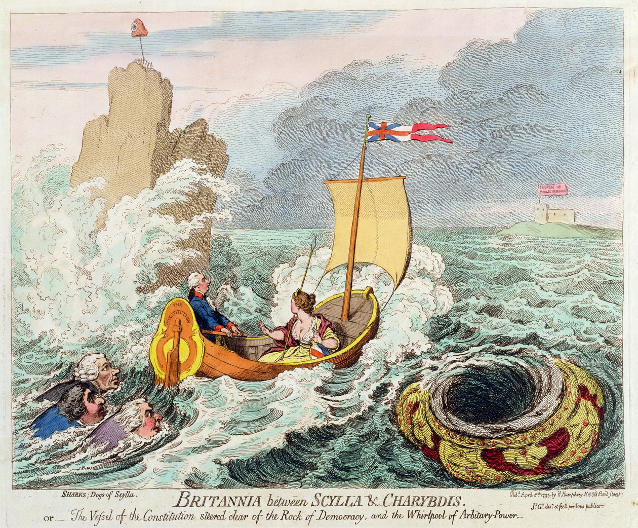 Britannia Between Scylla und Charybdis, ou The Vessel of Constitution evitou a Rock of Democracy e o Whirlpool of Arbitrary Power, publicado por Hannah Humphrey em 1793 (colorido à mão, etc.). de James Gillray