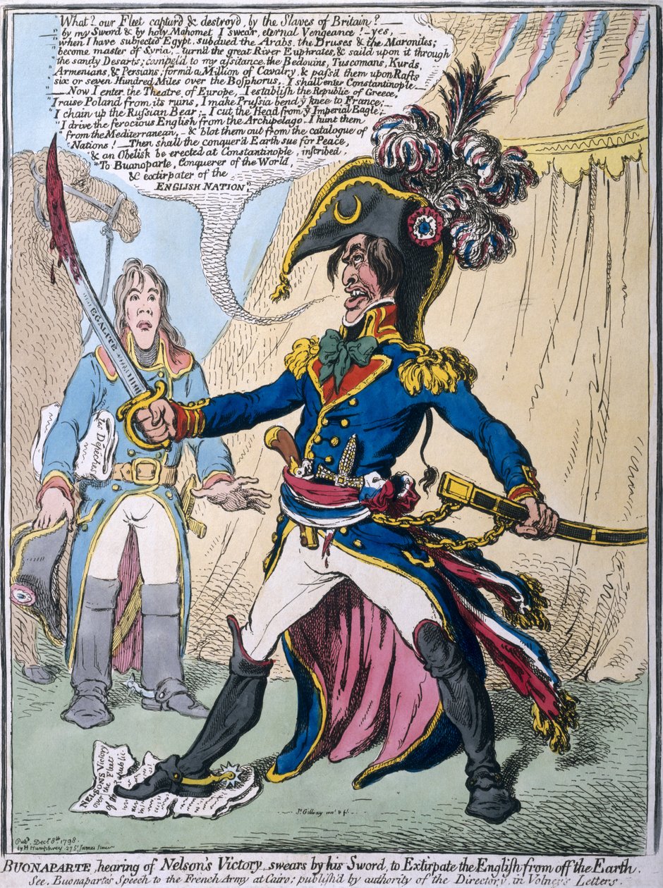 A audição de Buonaparte da vitória de Nelson jura por sua espada extirpar o inglês da terra, publicada por Hannah Humphrey em 1798 (gravura à mão colorida) de James Gillray
