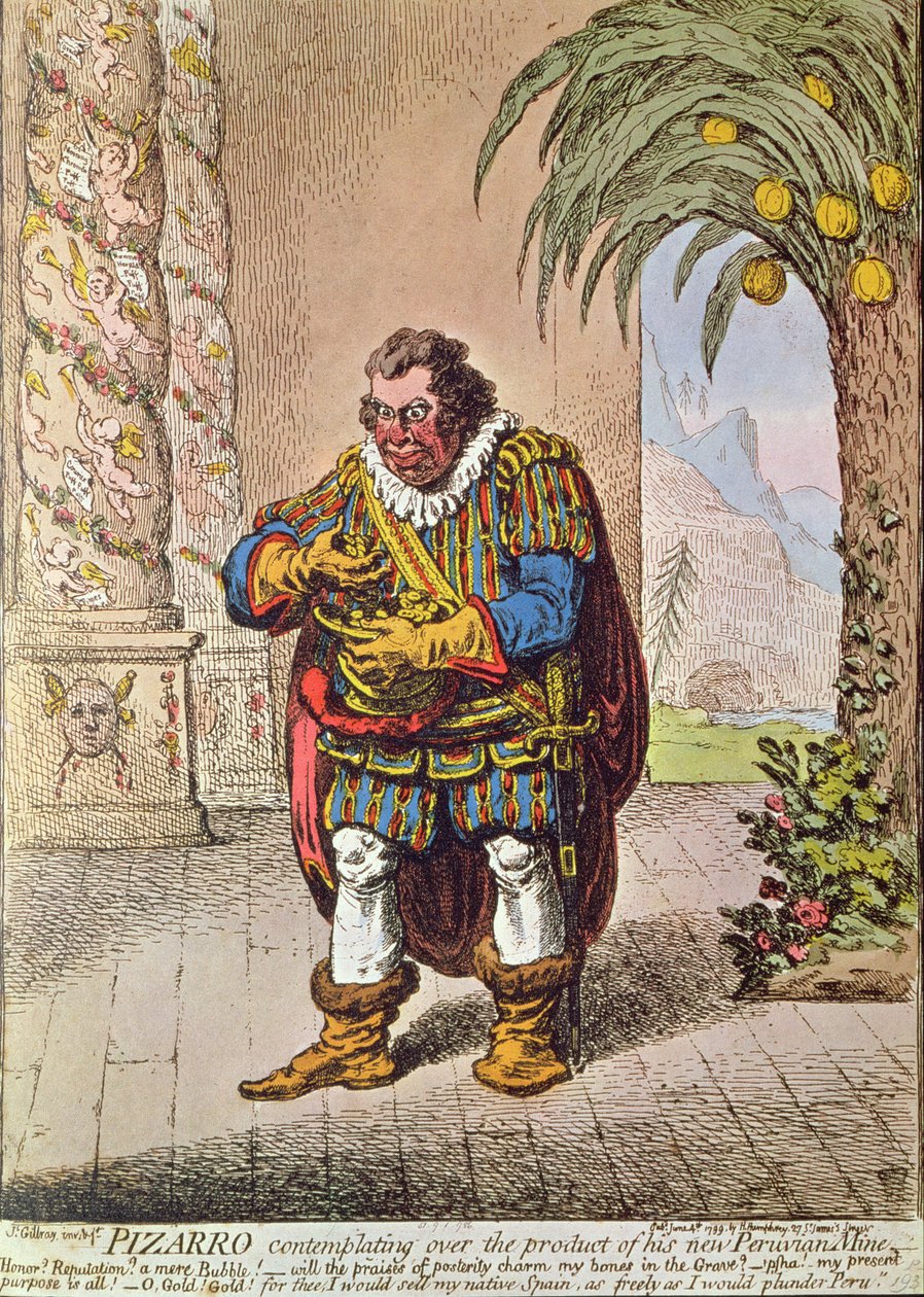 Caricatura de Pizarro contemplando o produto de sua nova mina peruana de James Gillray
