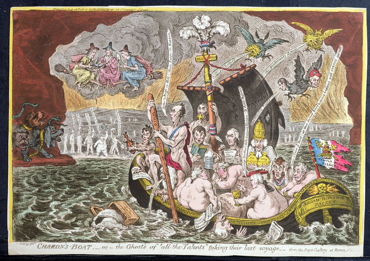 O Barco de Caronte, ou Os Fantasmas dos &39;Todos os Talentos&39; Fazendo sua Última Viagem, publicado por Hannah Humphrey, 1807 (gravura colorida à mão com um pouco de tinta) de James Gillray