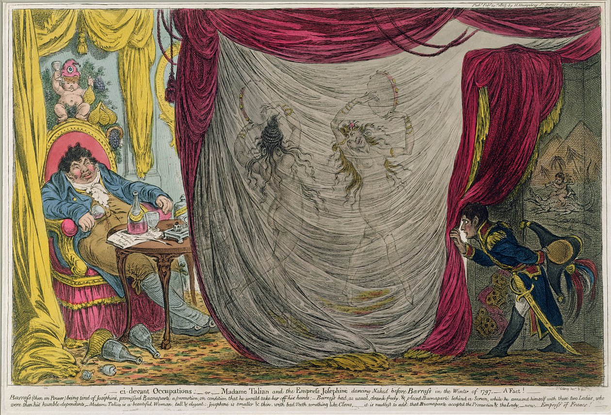 Ocupações Ci-devant, ou Madame Talian e a Imperatriz Josephine Dancing Naked antes de Barrass no Inverno de 1797, publicado por Hannah Humphrey em 1805 (gravura com a aquatint) de James Gillray