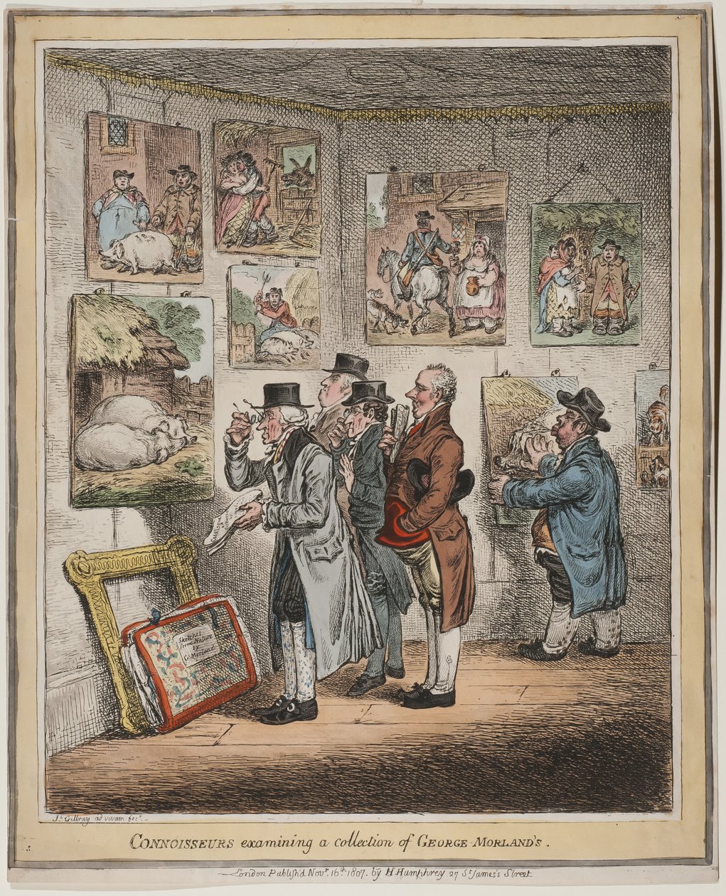 Conhecedores examinando uma coleção de George Morland, publicada por Hannah Humphrey, 1807 (gravura à mão colorida) de James Gillray