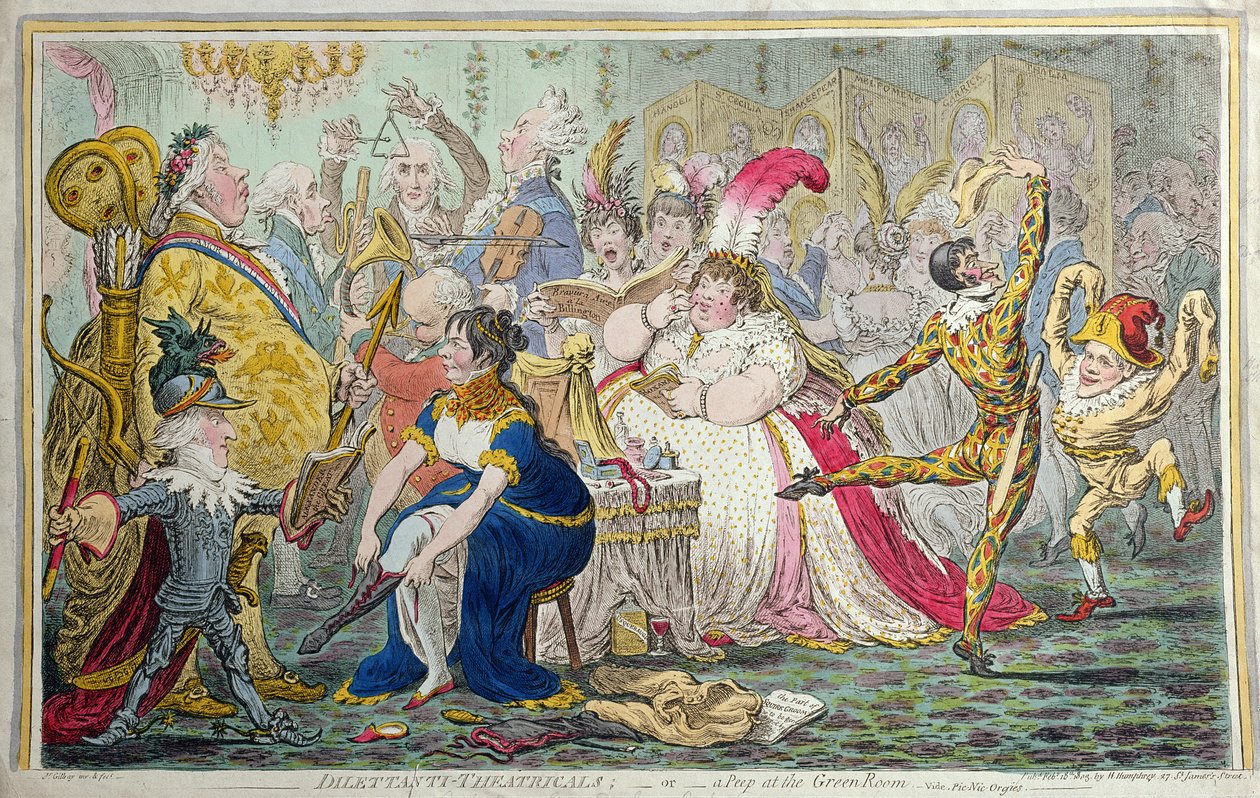 Theatricals de Dilettanti, ou uma espreitadela no quarto verde, publicada por Hannah Humphrey em 1803 (gravura à mão colorida) de James Gillray