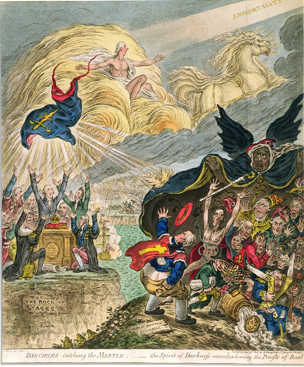 Discípulos pegando o manto: o espírito das trevas ofuscando os sacerdotes de Baal, publicado por Hannah Humphrey em 1808 (gravura colorida à mão) de James Gillray