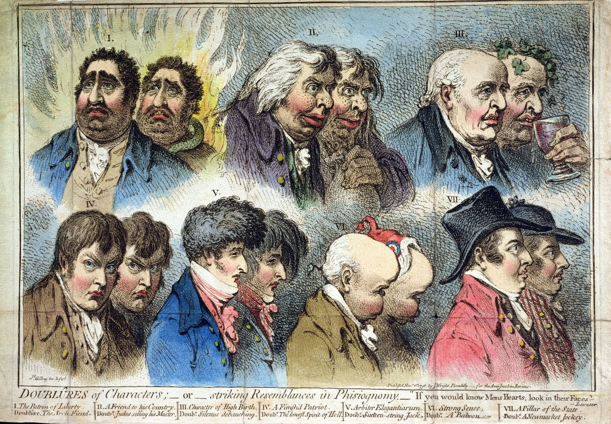 Doubluras de personagens, ou semelhanças impressionantes em fisionomia, publicado por J. Wright em 1798 (gravura à mão colorida) de James Gillray