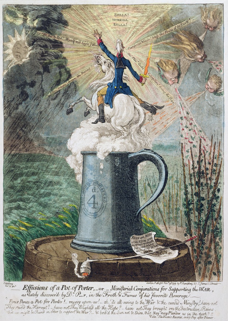 As efusões de um pote de porteiro, ou conjurações ministeriais para apoiar a guerra, publicado por Hannah Humphrey em 1799 (gravura à mão colorida) de James Gillray