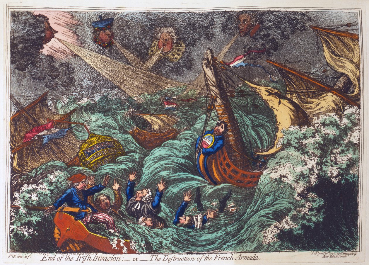 Fim da Invasão Irlandesa ou a Destruição da Armada Francesa, pub. Hannah Humphrey, 20 de janeiro de 1797 (gravura colorida à mão) de James Gillray